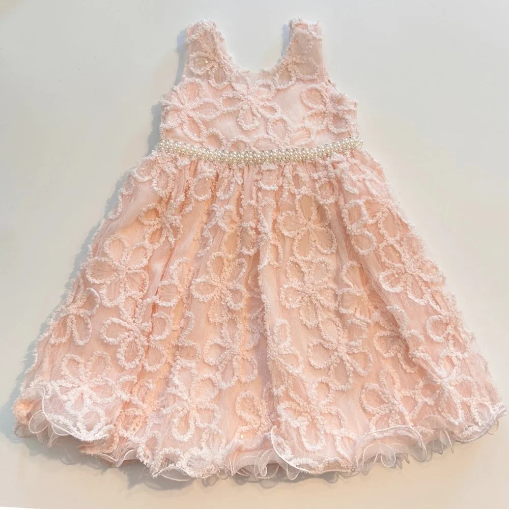 American Princess Pink Floral Pearl Rhinestone Waist Sleeveless Dress‎ 4 Kids